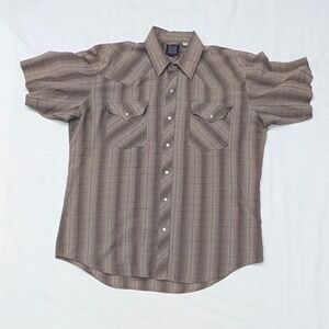 Rock Creek Ranch Mens Brown Plaid Short Sleeve Western Pearl Snap Shirt Large